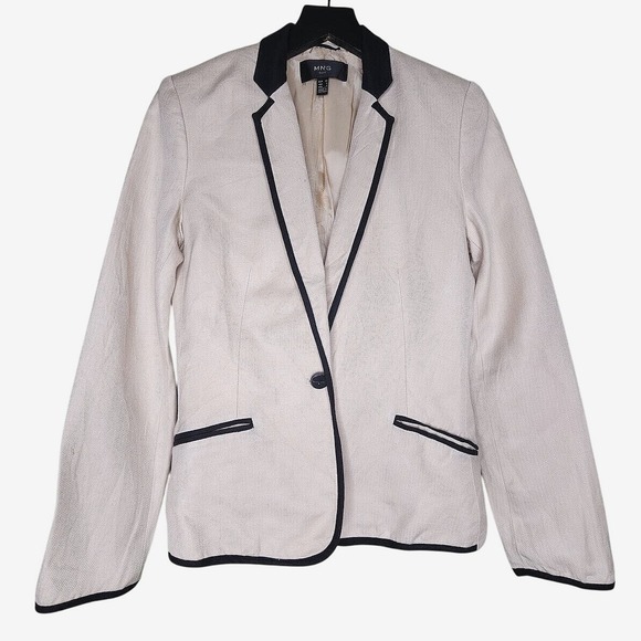 Mango Jackets & Blazers - Mango MNG Suit Jacket Blazer 4 Beige Black Linen Blend Herringbone Work Career